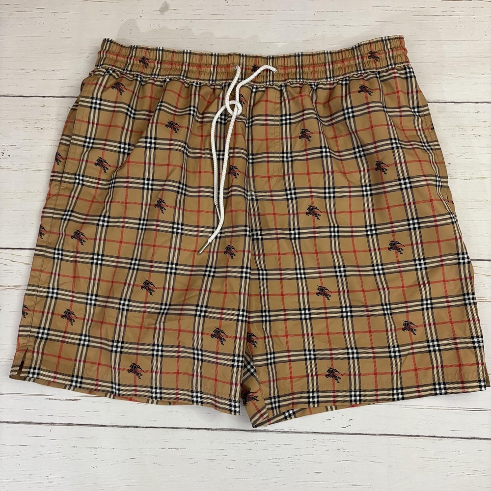 Burberry Swim Trunks Mens M Beige Check Plaid Drawstring Mesh Lined Shorts